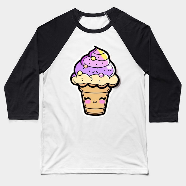 Kawaii Funny Cute Ice Cream Baseball T-Shirt by DarkAgeArt